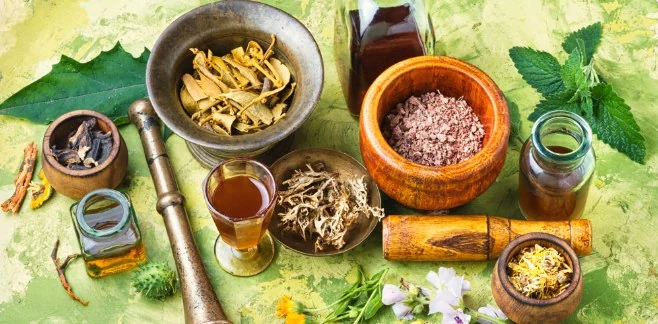 Dried Ayurvedic herbs in bowls